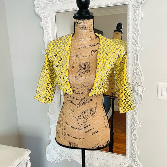 SALE New York Couture One of a Kind Yellow SEQUIN Crop Top Jacket - Picture 1 of 8